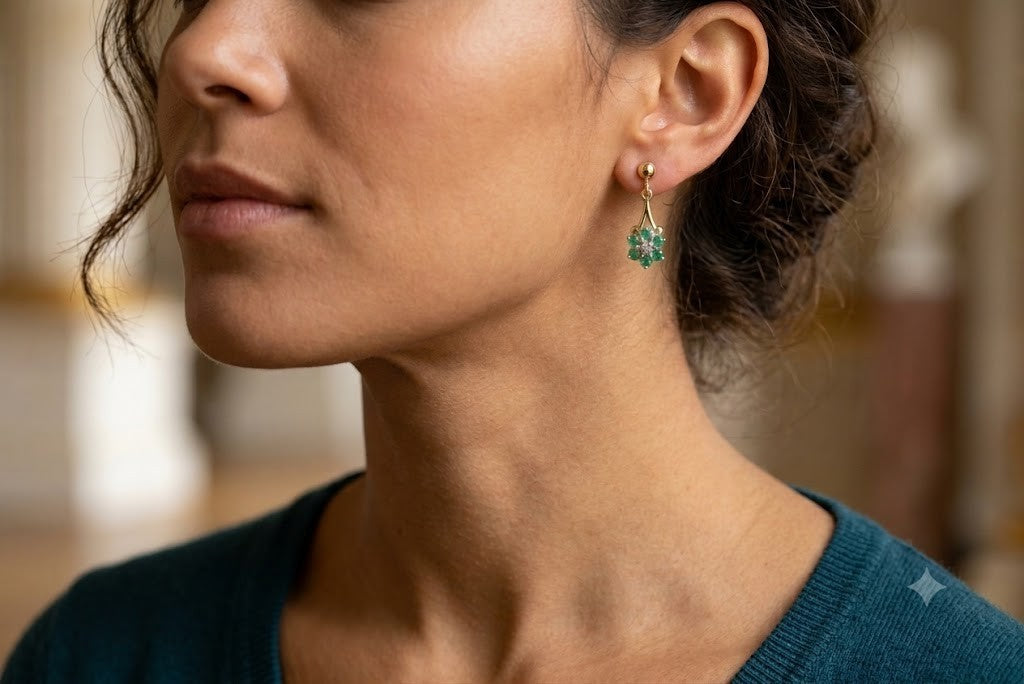9ct Gold Emerald & Diamond Cluster Drop Dangle Earrings Vintage Floral Stud