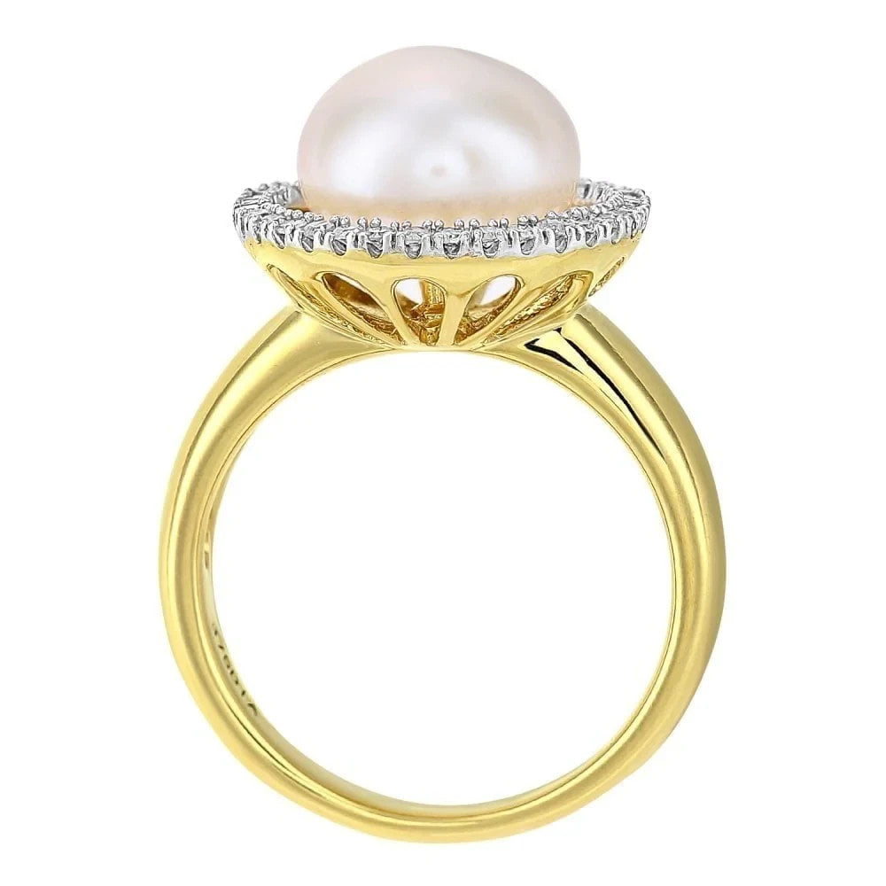 9ct Yellow Gold Freshwater Pearl & Diamond Halo Ring