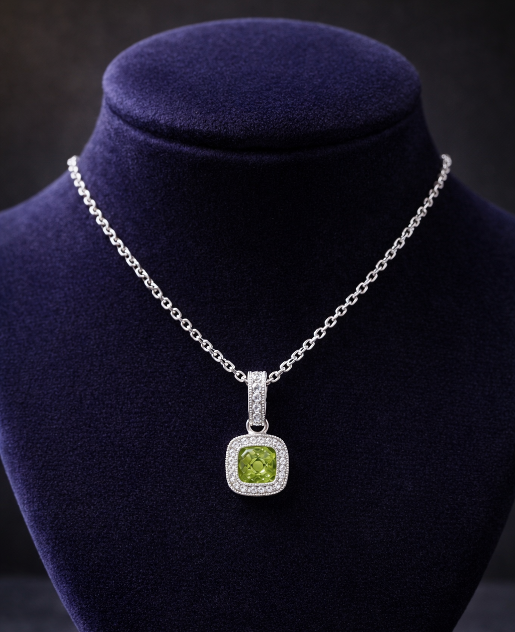Natural Peridot Cushion Pendant With Diamonds 9ct White Gold 16" Length Chain