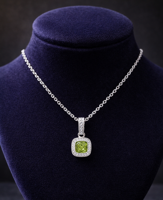 Natural Peridot Cushion Pendant With Diamonds 9ct White Gold 16" Length Chain