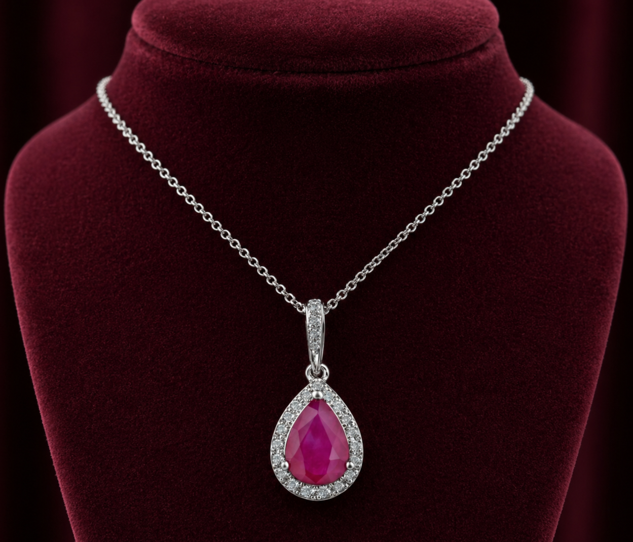 Ruby Pear Halo Pendant Real Diamond Solid White Gold 18" 46cm Length Chain