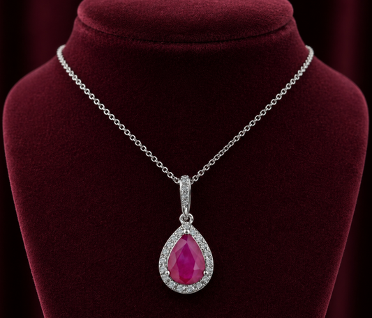 Ruby Pear Halo Pendant Real Diamond Solid White Gold 18" 46cm Length Chain