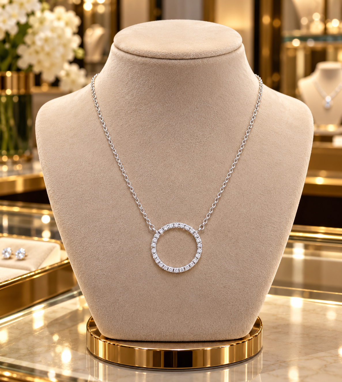 Elegant Diamond Circle Pendant Necklace White Gold 17" / 43cm