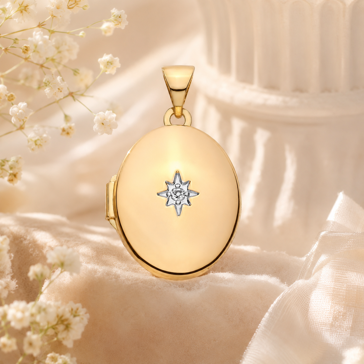18ct Gold Oval Locket Pendant Real Diamond Starburst on Solid Silver 18" Chain