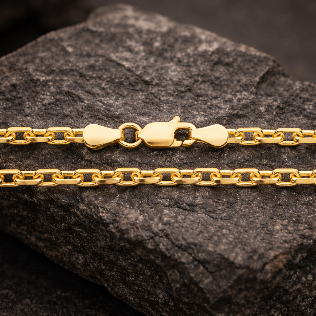 18ct Gold Oval Belcher Chain on Solid Silver 24" Diamond Cut Hallmark 3mm Wide