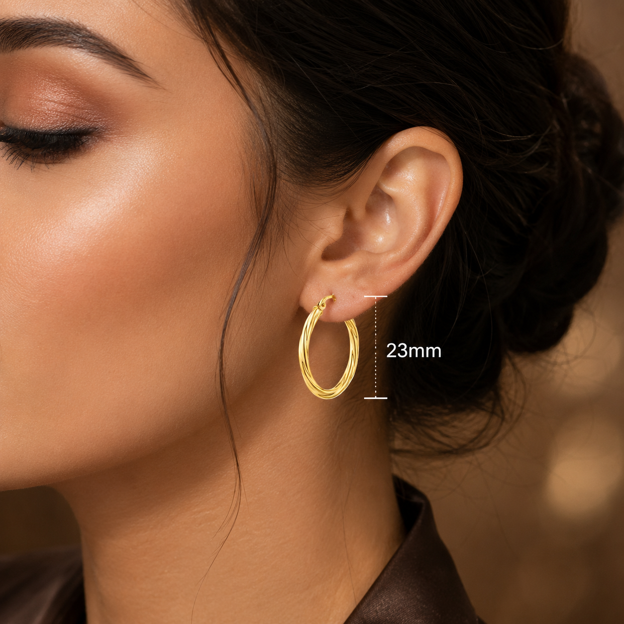 Yellow Gold Twisted Hoop Earrings Snap Closure Polished 23mm Hallmarked