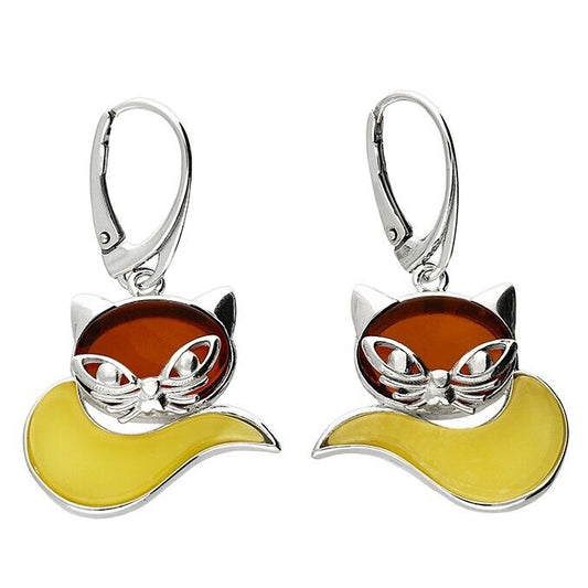 Mixed Amber Cute Cat Drop Earrings Solid Sterling Silver 925