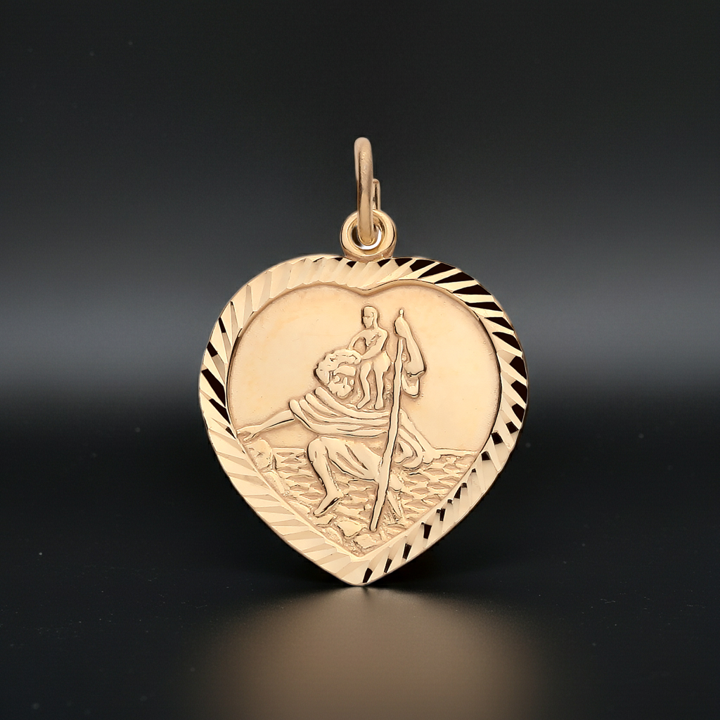 18ct Gold Heart St Christopher Religious Medal on Solid Sterling Silver 925