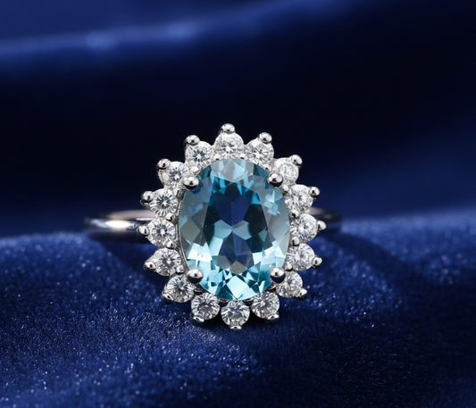 Sterling Silver Blue Topaz Ring Large Cluster Engagement 925 Hallmark Size K-S