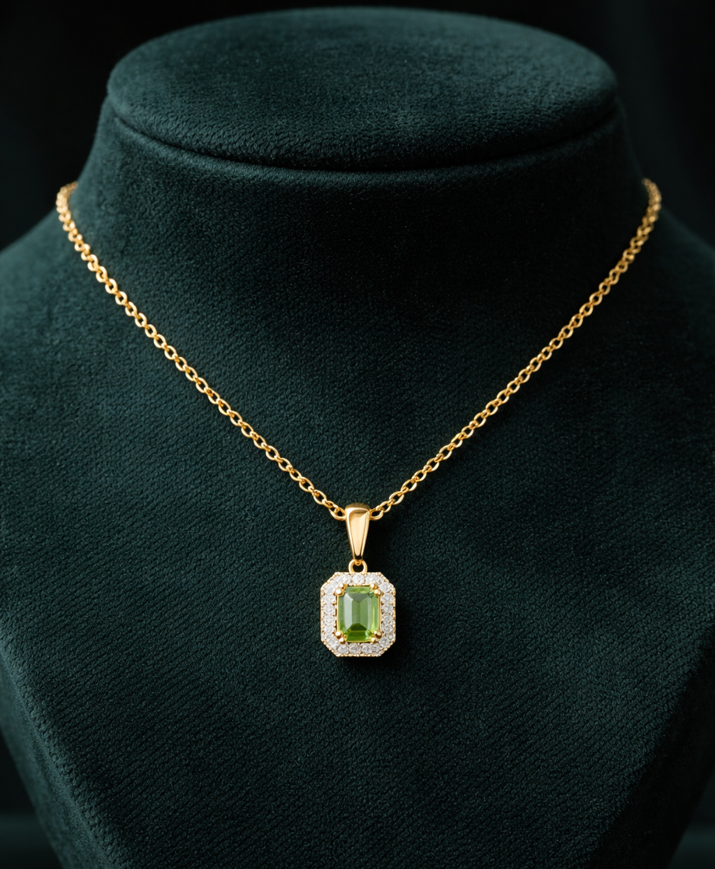 Real Peridot Pendant With Diamond Halo Solid Yellow Gold 18" 46cm Length Chain