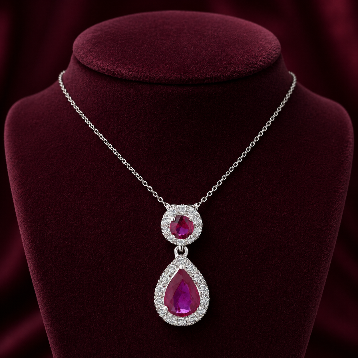 Ruby and Diamond Teardrop Pendant 9ct White Gold 18" 46cm Length Chain
