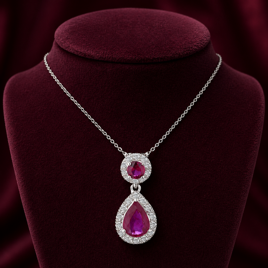 Ruby and Diamond Teardrop Pendant 9ct White Gold 18" 46cm Length Chain