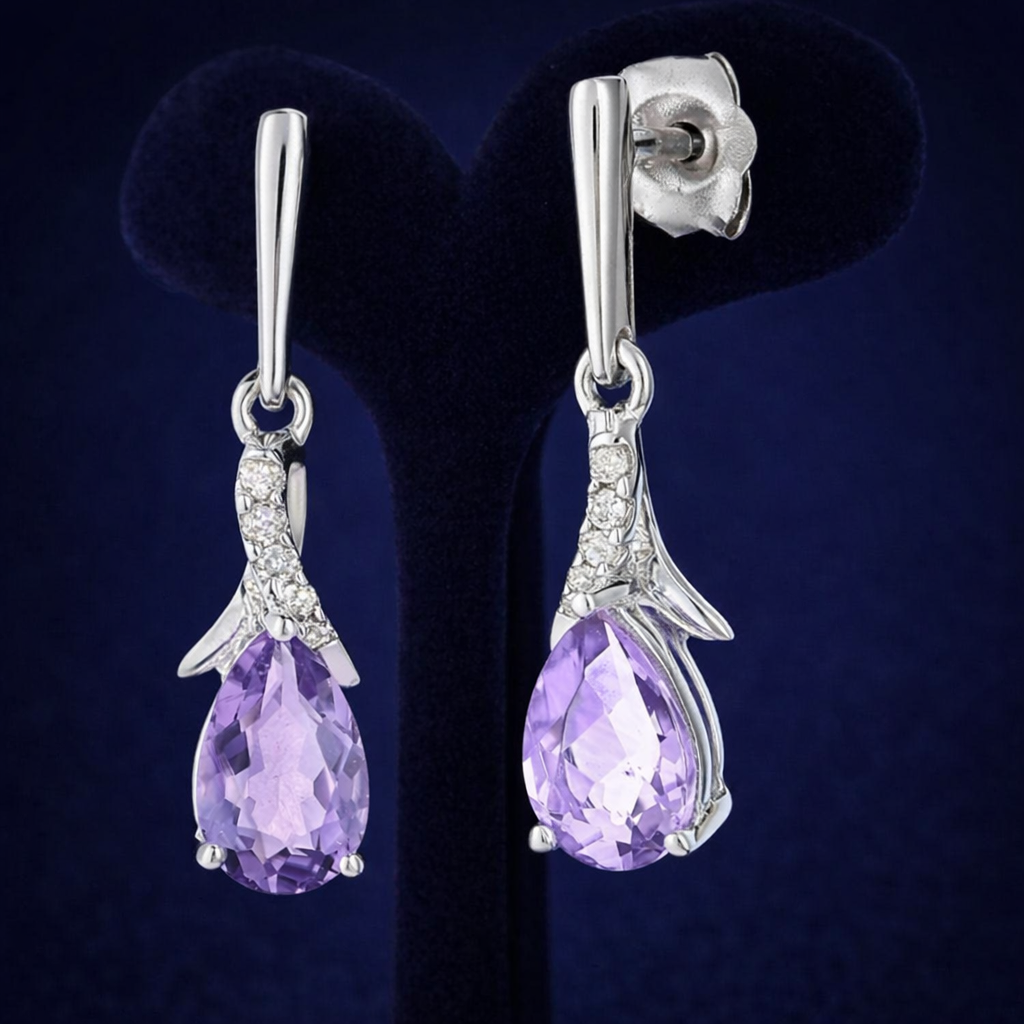 Natural Amethyst and Diamond Earrings Solid 9ct White Gold Teardrops Hallmarked