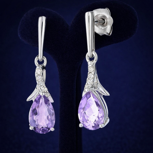 Natural Amethyst and Diamond Earrings Solid 9ct White Gold Teardrops Hallmarked