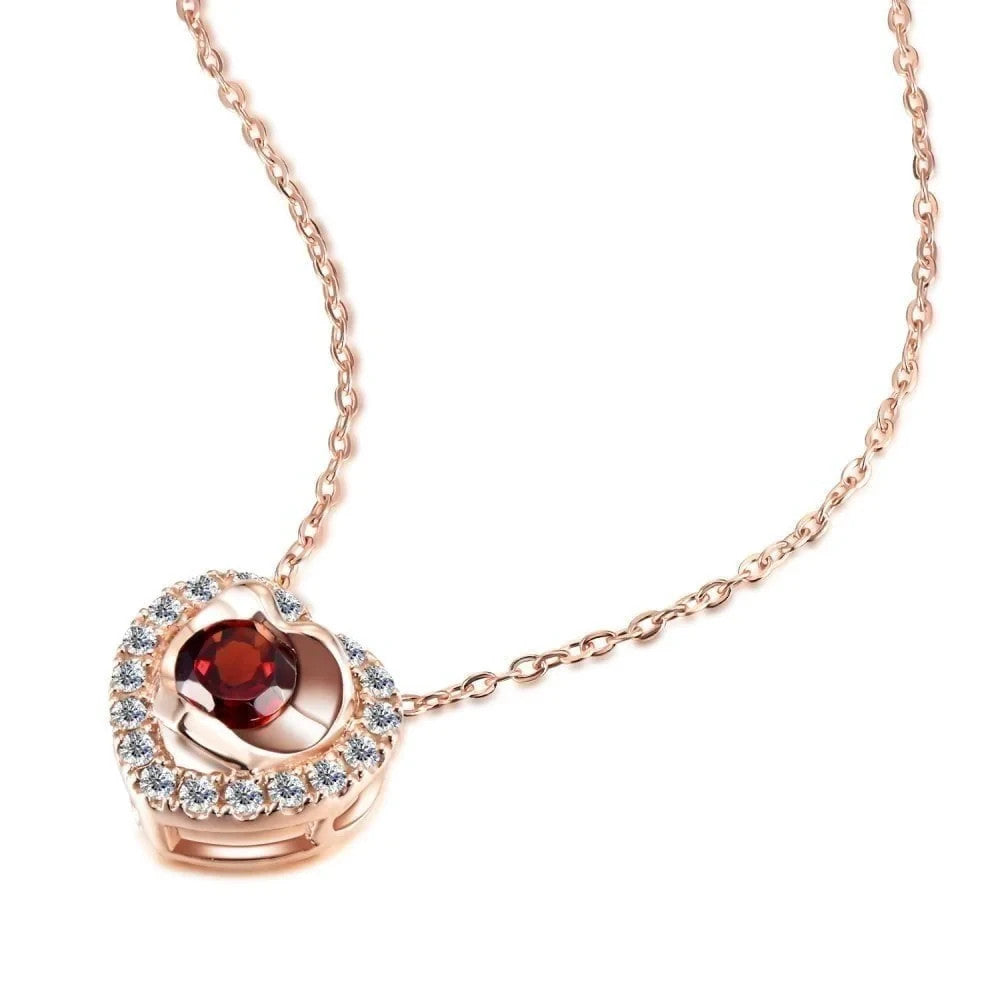 Garnet Heart Necklace With Diamond Solid Rose Gold 18" 46cm Length Chain