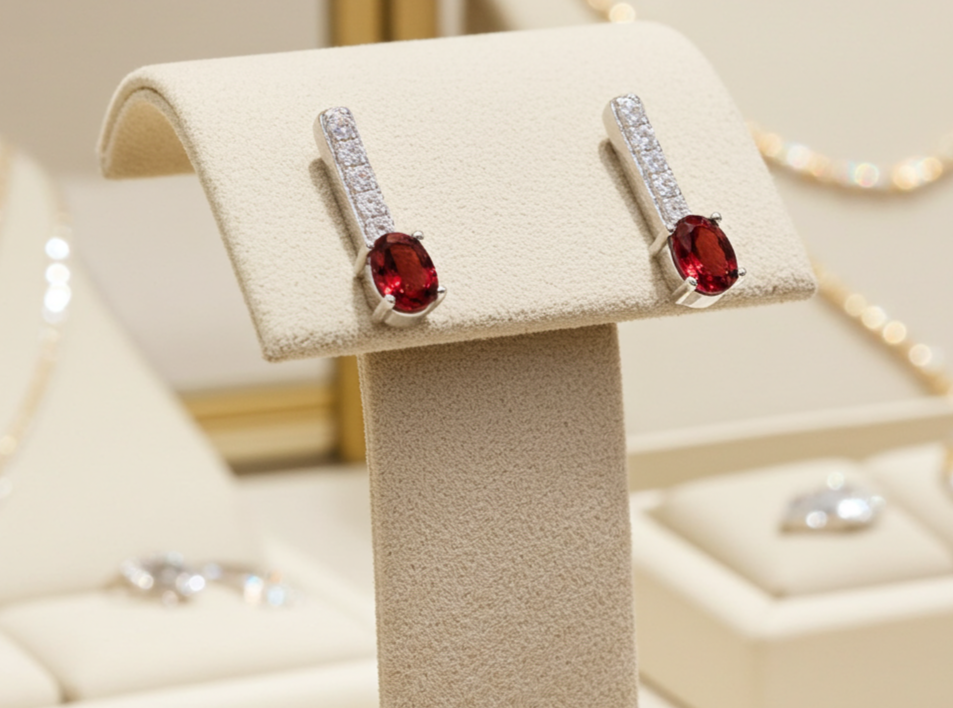 Ruby Drop Stud Earrings Solid Sterling Silver 925 Hallmark Rhodium Finish