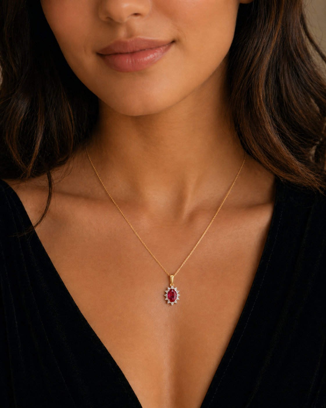 Ruby Oval Cluster Pendant With 0.35ctw Diamond 18ct Yellow Gold 18" 46cm Chain