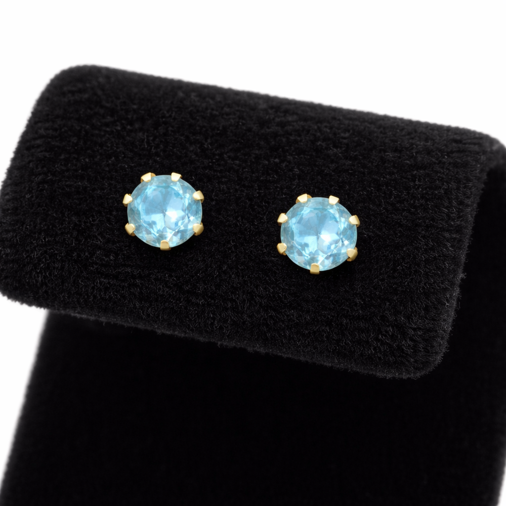 Natural Blue Topaz Solitaire Stud Earrings 9ct Yellow Gold Hallmarked
