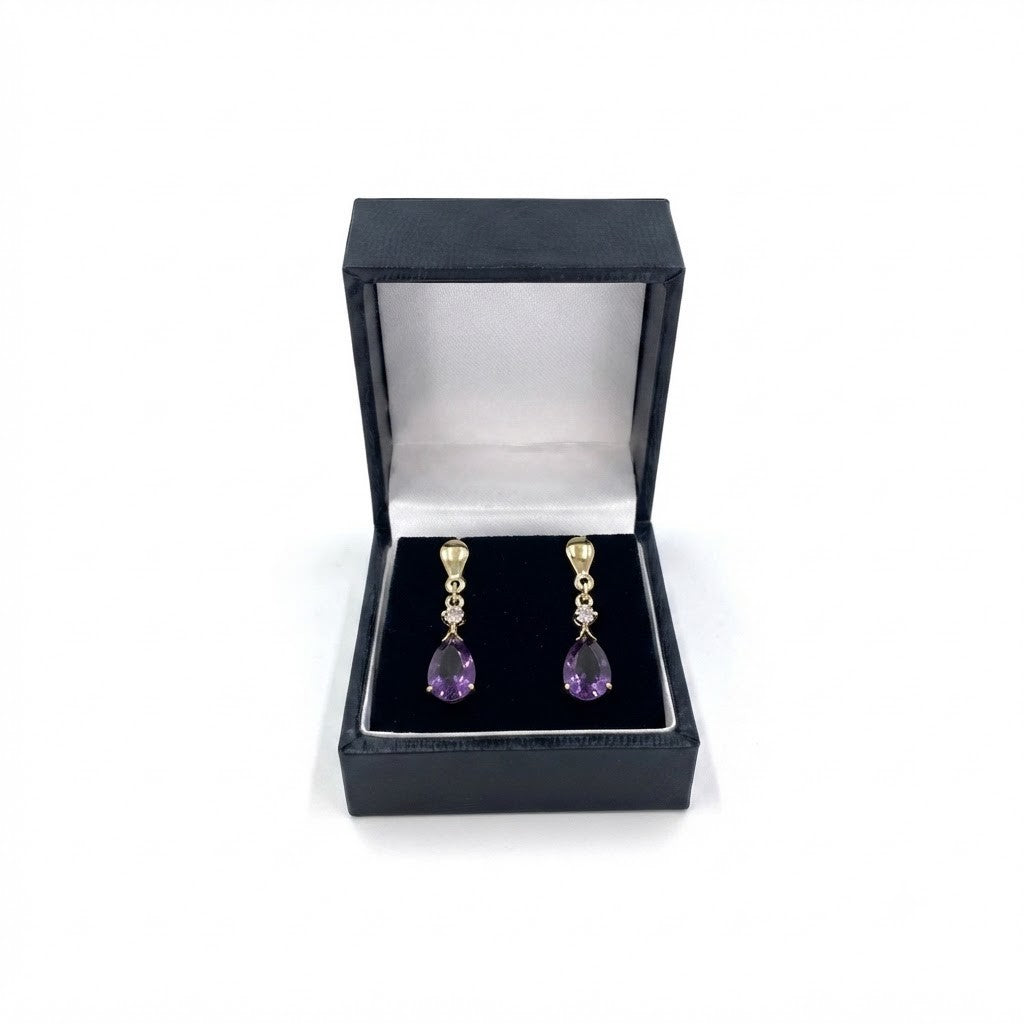 9ct Gold Drop Earrings with Amethyst and Diamond Accents, Pierced Design