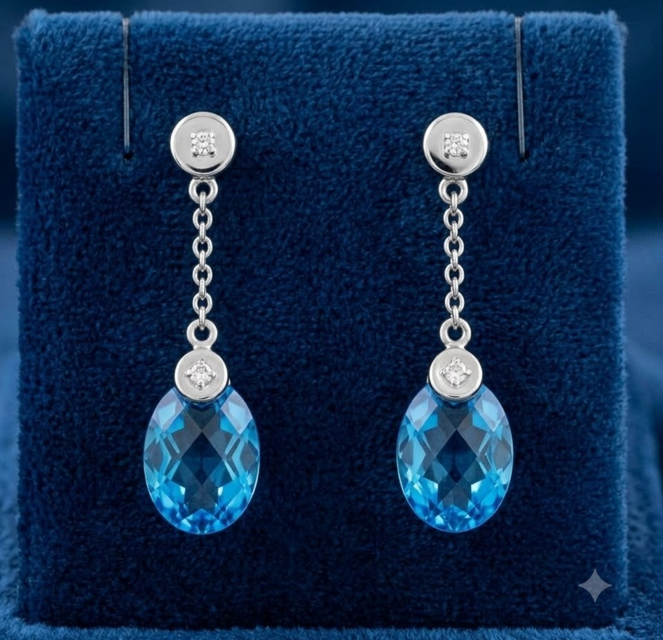 White Gold Blue Topaz Drop Earrings Diamond Accent Dangle Oval Gemstone Jewelry