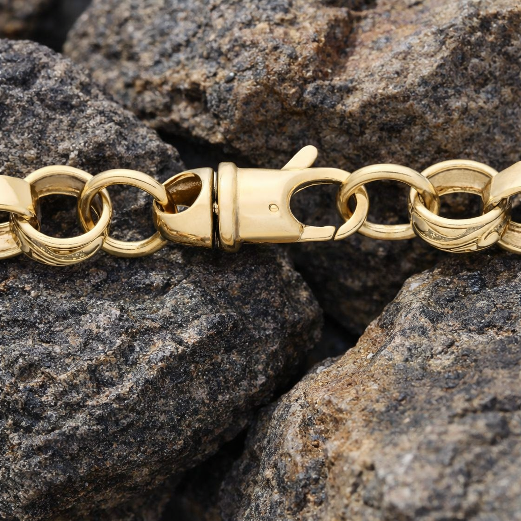 18ct Gold Patterned Belcher Chain on Solid Silver 22" Hallmarked 12.5mm Wide