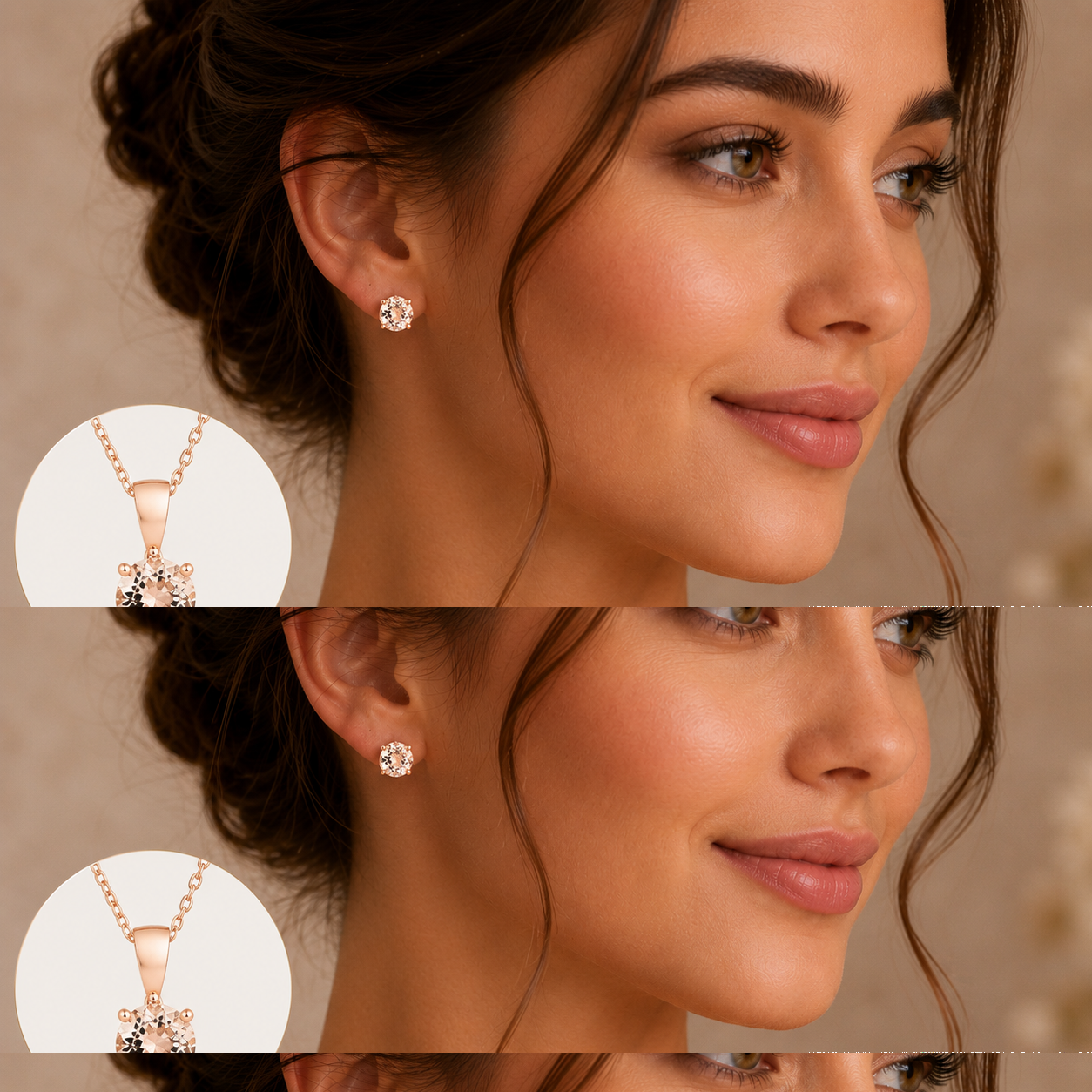 Rose Gold Morganite Jewellery Set Round Solitaire Pendant & Stud Earrings