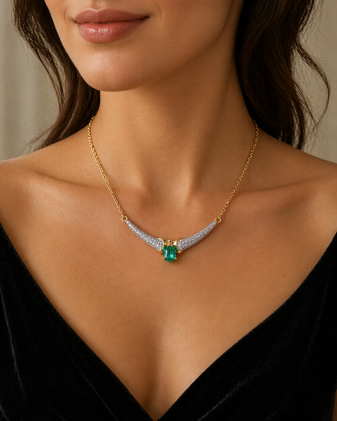 Natural Emerald Teardrop Necklace With Diamond Yellow Gold 16.5" 42cm Length