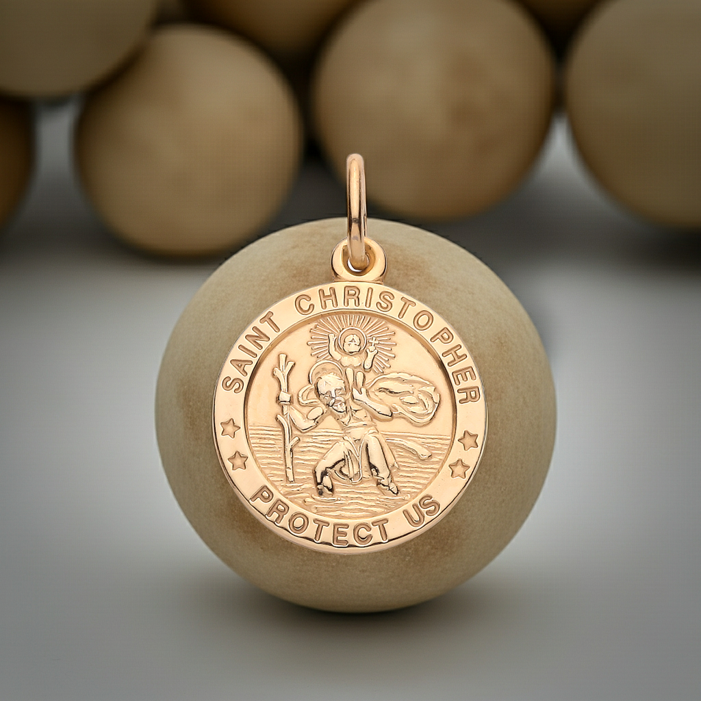 18ct Gold St Christopher Protect Us Pendant on Sterling Silver 925 Hallmark 16mm
