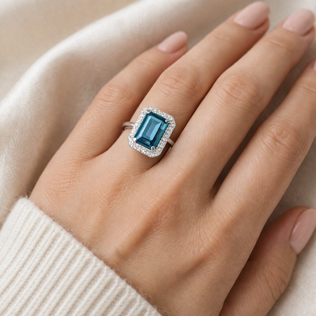 London Blue Topaz and Diamond Ring 9ct White Gold Emerald Cut Cluster Size J - Q