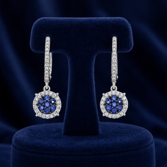 Natural Sapphire and 0.25ct Diamond Hoop Earrings Solid 9ct White Gold Hallmark