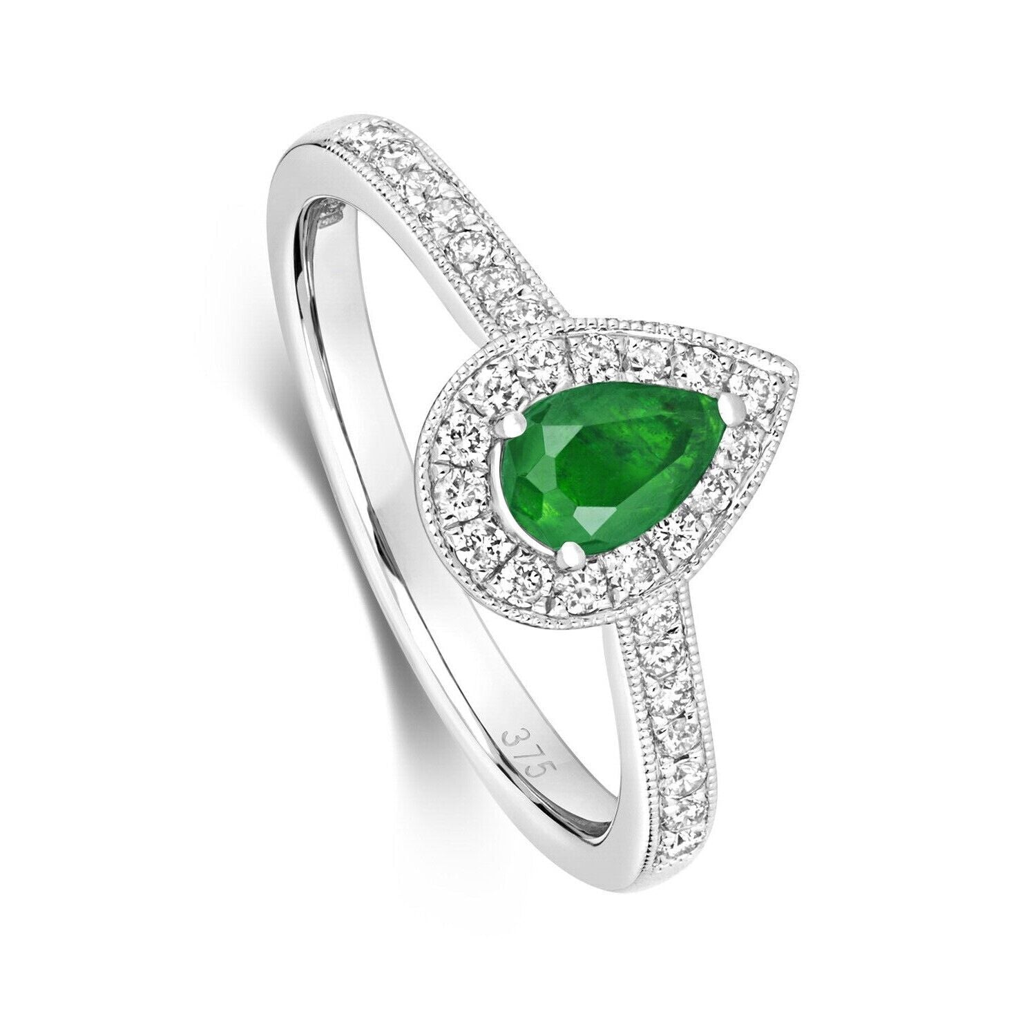 Real Emerald and Diamond Ring 9ct White Gold Pear Teardrop Cluster Size J - Q
