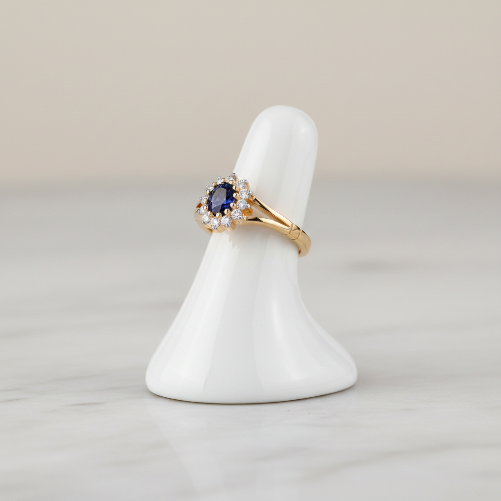 18ct Gold Sapphire Ring Oval Cluster on Sterling Silver 925 Hallmark Size K-S
