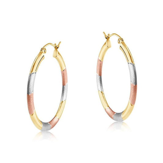 Three Colour Gold Hoop Earrings 30mm Diamond Cut Design Hallmarked Hoops