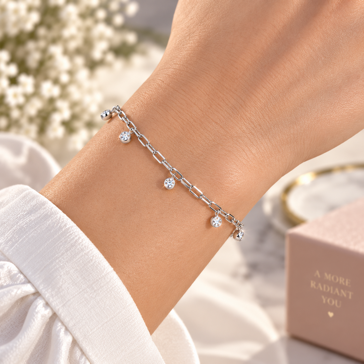 Sterling Silver Paperclip Chain Bracelet with Zircon Dangle Charms Lobster Clasp