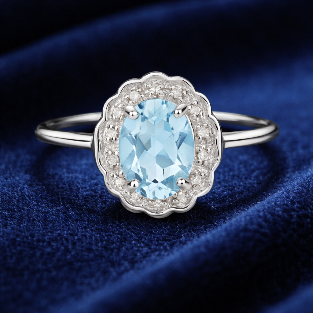 Aquamarine and Diamond Ring Solid White Gold Cluster Engagement Size J - Q