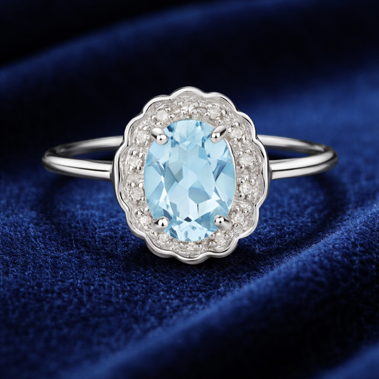 Aquamarine and Diamond Ring Solid White Gold Cluster Engagement Size J - Q