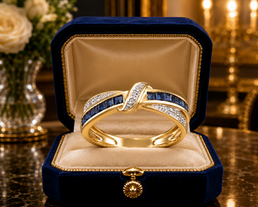 Princess Cut Blue Sapphire & Diamond Infinity Twist Ring Eternity 9K Yellow Gold