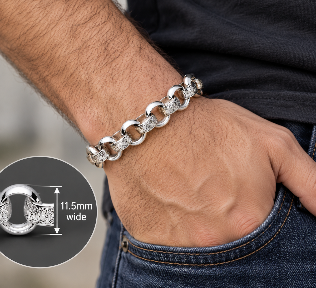 Men's Patterned  Belcher Chain Bracelet Solid Silver Hallmarked 11mm Wide 9"