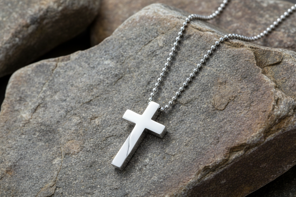 Fred Bennett Plain Cross Necklace in Polished Silver 51cm Ball Chain