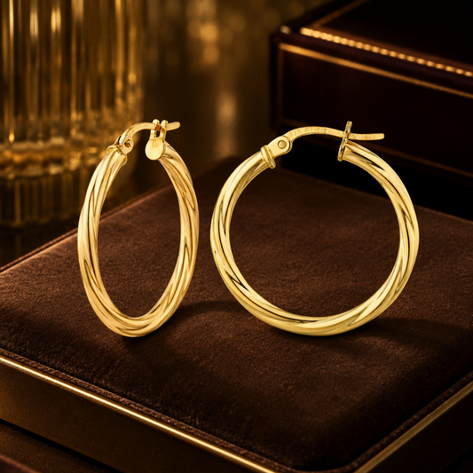 Yellow Gold Twisted Hoop Earrings Snap Closure Polished 23mm Hallmarked