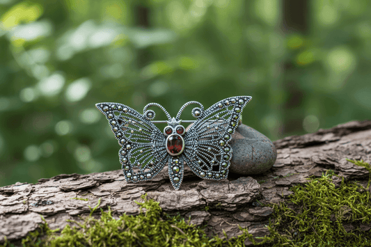 Butterfly Brooch Vintage Style Marcasite and Synthetic Garnet 925 Silver