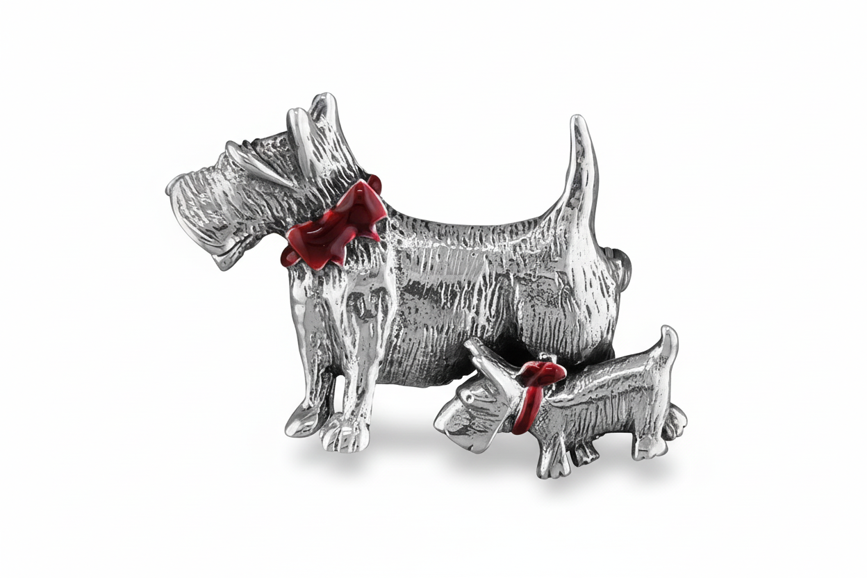 Scottie Dogs with Red Collars Brooch Solid 925 Sterling Silver