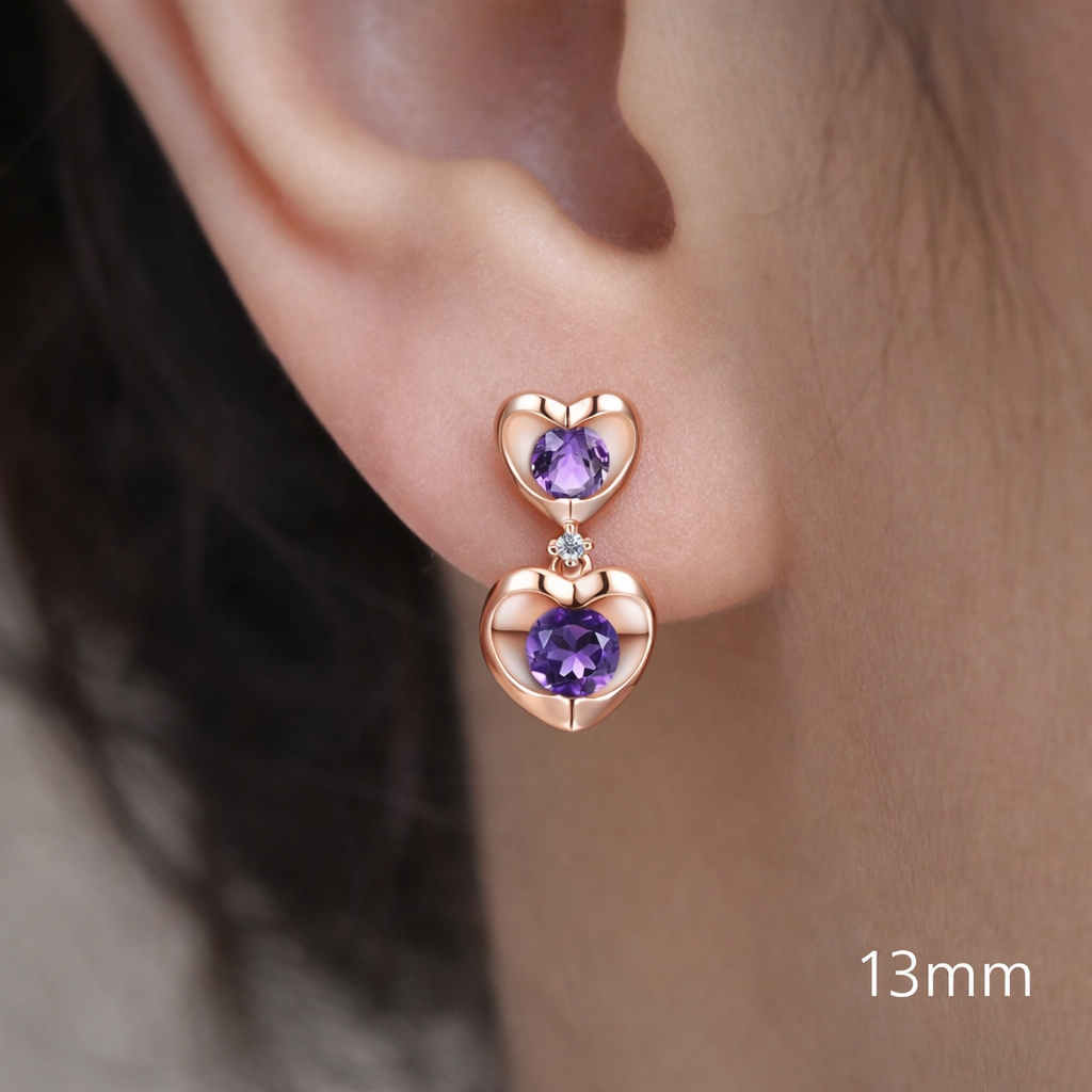 Natural Amethyst and Diamond Earrings Solid 9ct Rose Gold Heart Drop Hallmarked