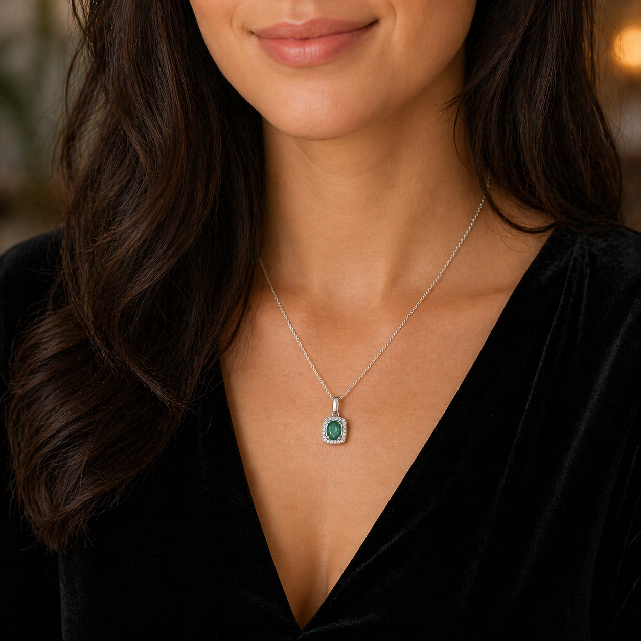 Emerald Oval Cluster Pendant With Diamonds 9ct White Gold 18" 46cm Length Chain