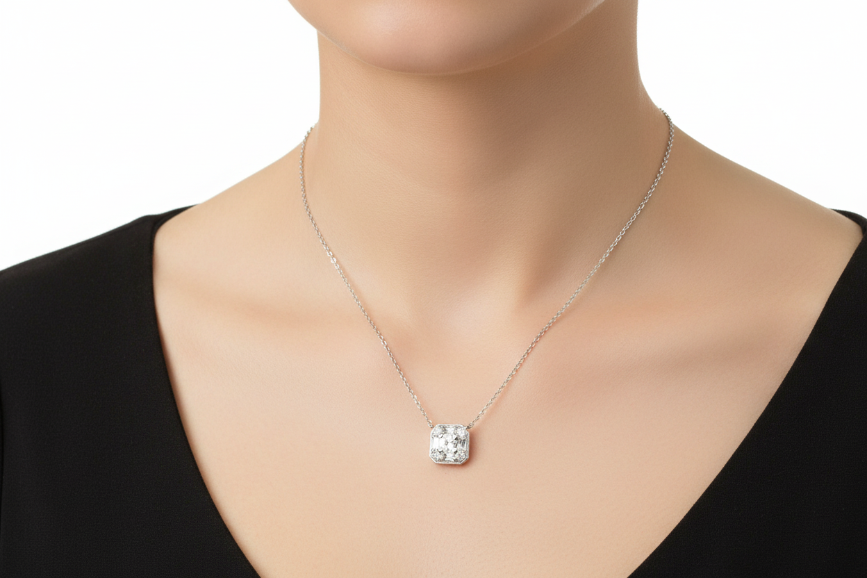 Mixed Stone CZ Square Necklace Gem Set on 925 Sterling Silver 925 hallmark