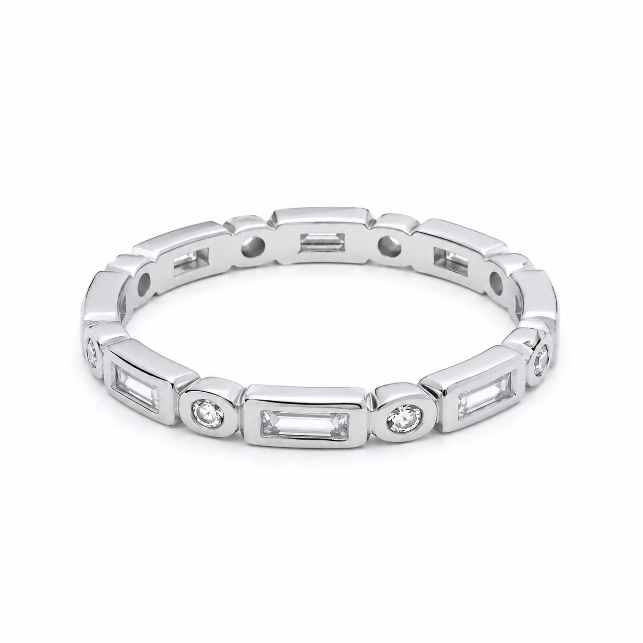 Sterling Silver Full Eternity Band Ring Baguette and Round Gems 925