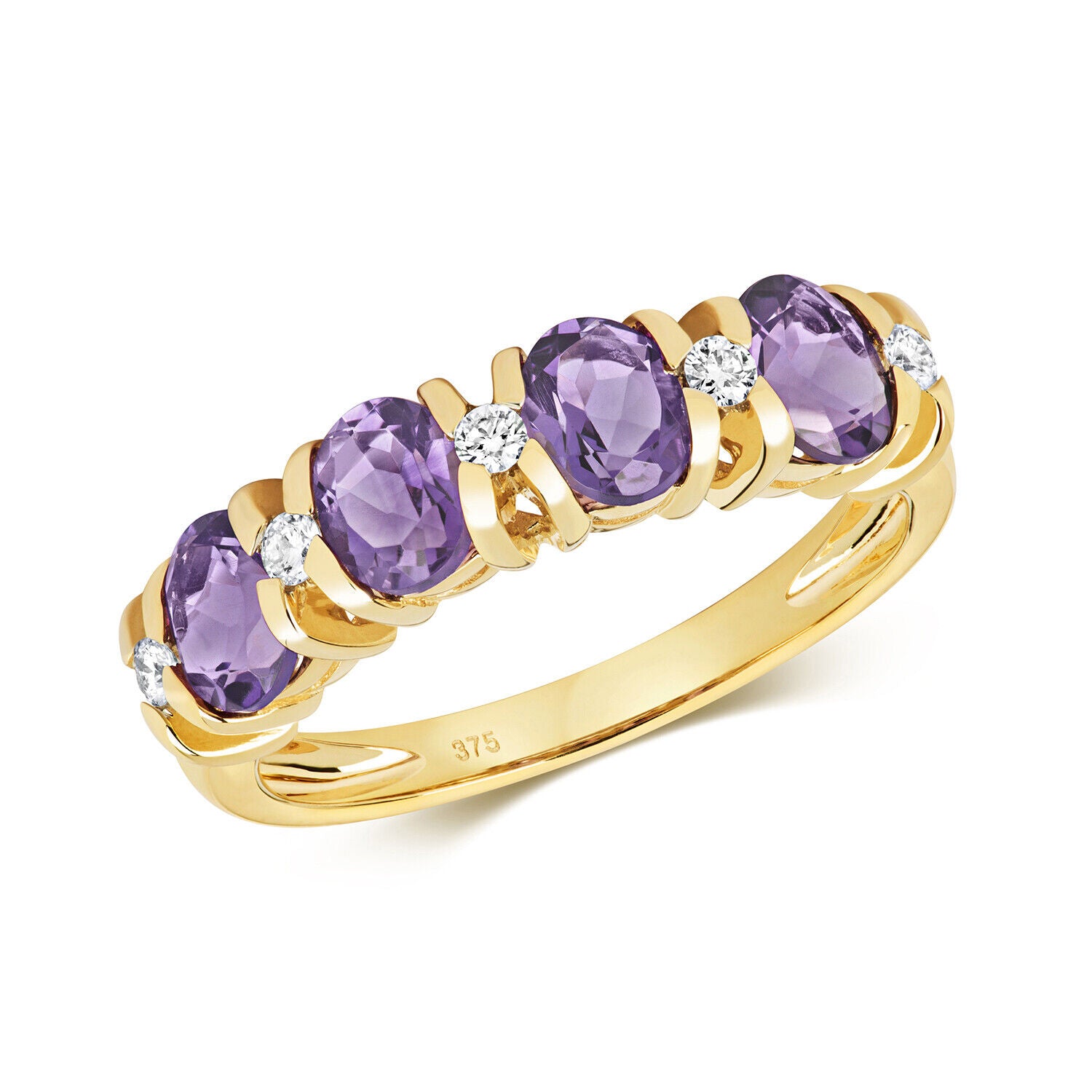 Real Amethyst and Diamond Eternity Ring Solid Yellow Gold Band Size J - Q