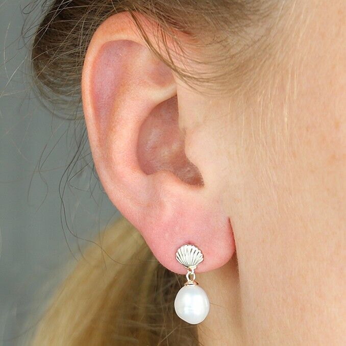 Sterling Silver Shell Stud Drop Earrings with Keshi Pearl
