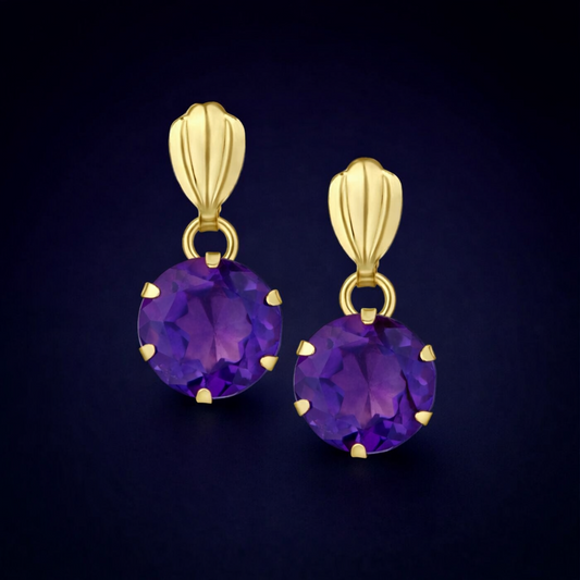 Natural Amethyst Drop Earrings Solid 9ct Yellow Gold Hallmarked