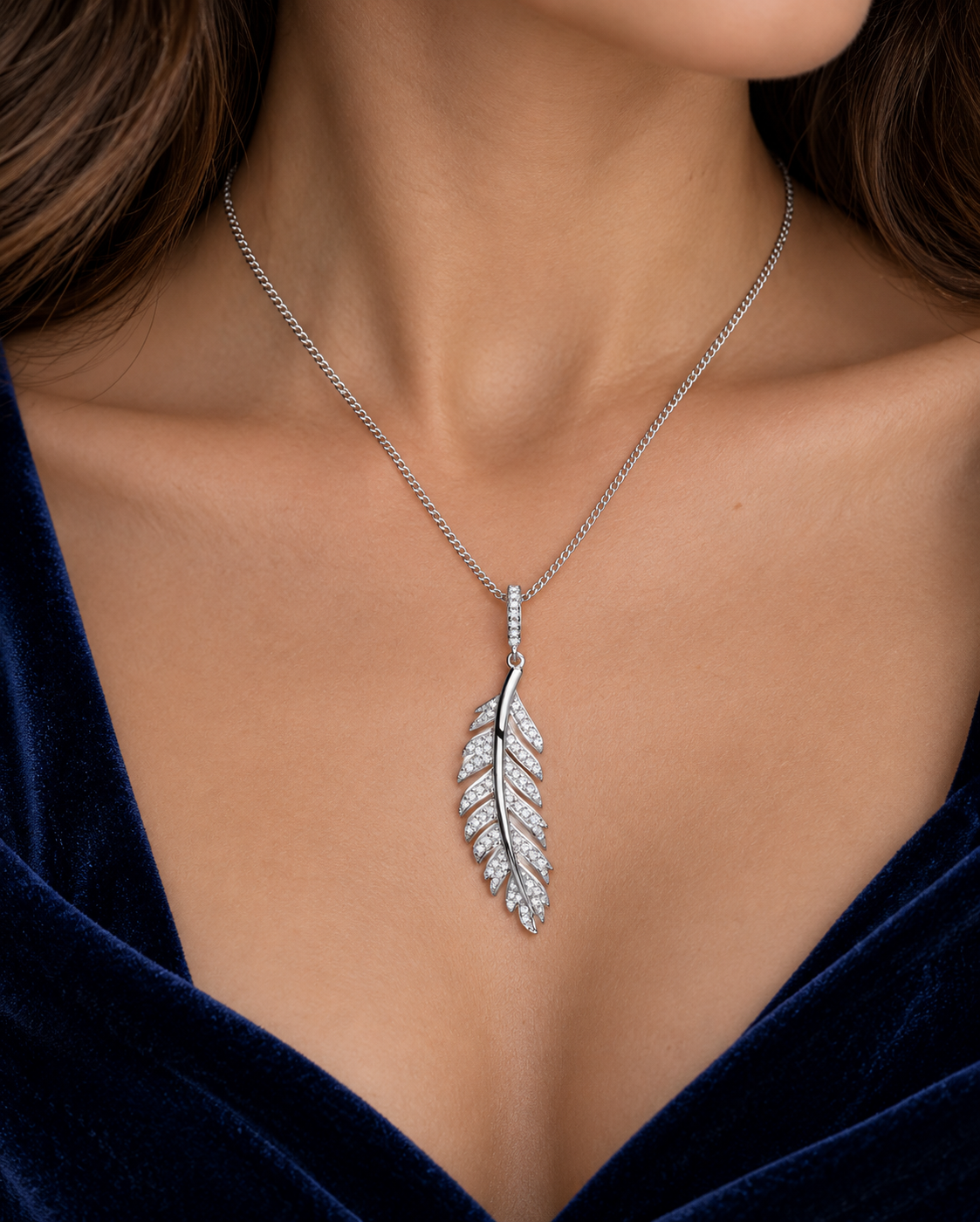 Real Diamond Feather Pendant Necklace 9ct White Gold 18" Chain 0.30ctw Diamonds